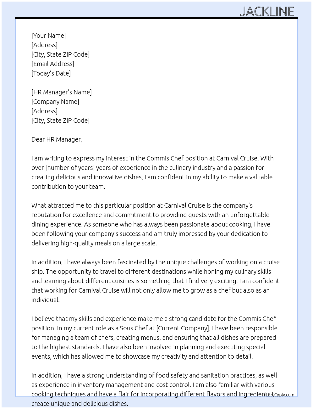 Commis chef At Carnival cruise Cover Letter