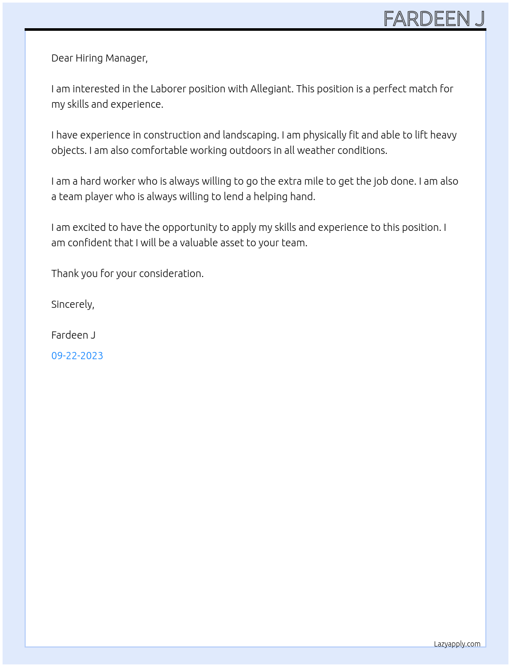 Laborer At Allegiant Cover Letter