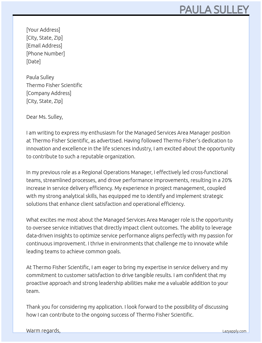 managed services area manager At Thermo Fisher Scientific Cover Letter