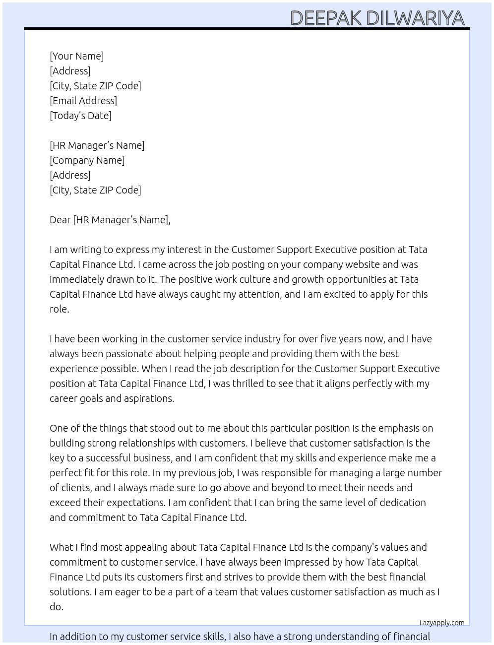 Customer Support Executive At Tata Capital Finance ltd Cover Letter