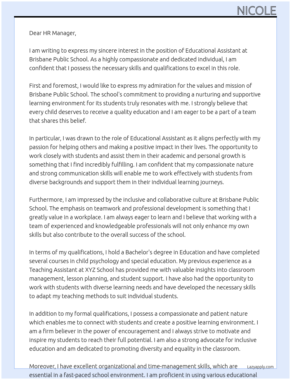 Educational Assistant At Brisbane Public School Cover Letter