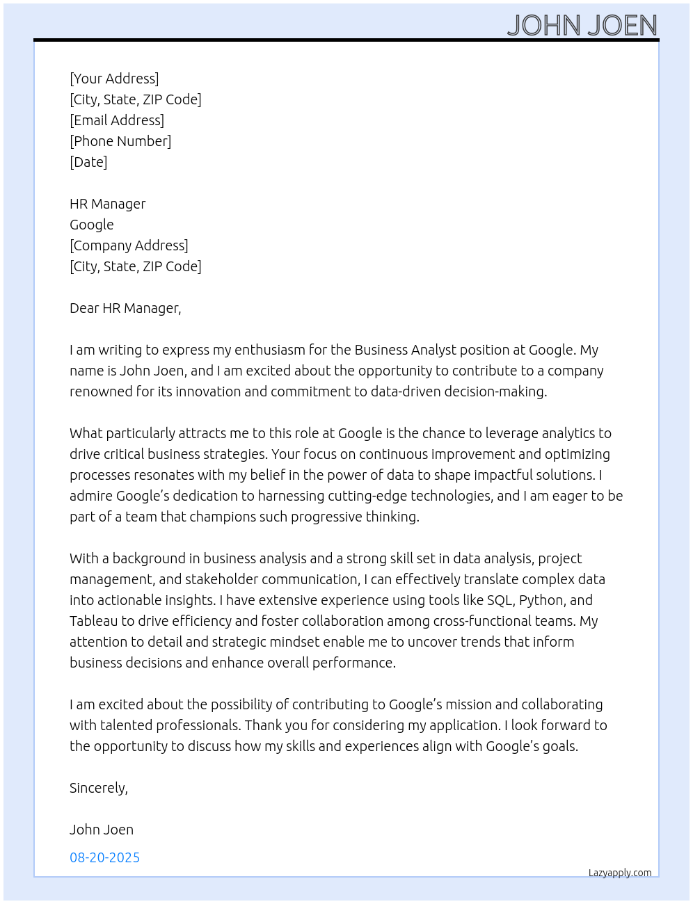 business analyst At google Cover Letter