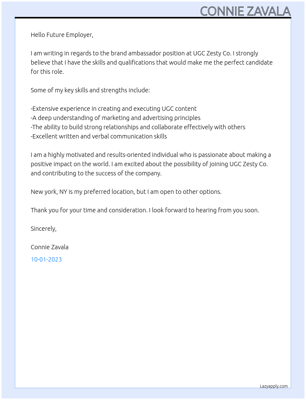 brand ambassador At UGC Zesty Co. Cover Letter