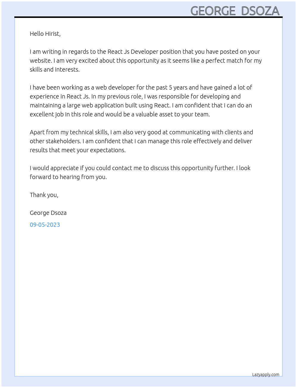 React Js Developer At One step solutions pvt ltd Cover Letter