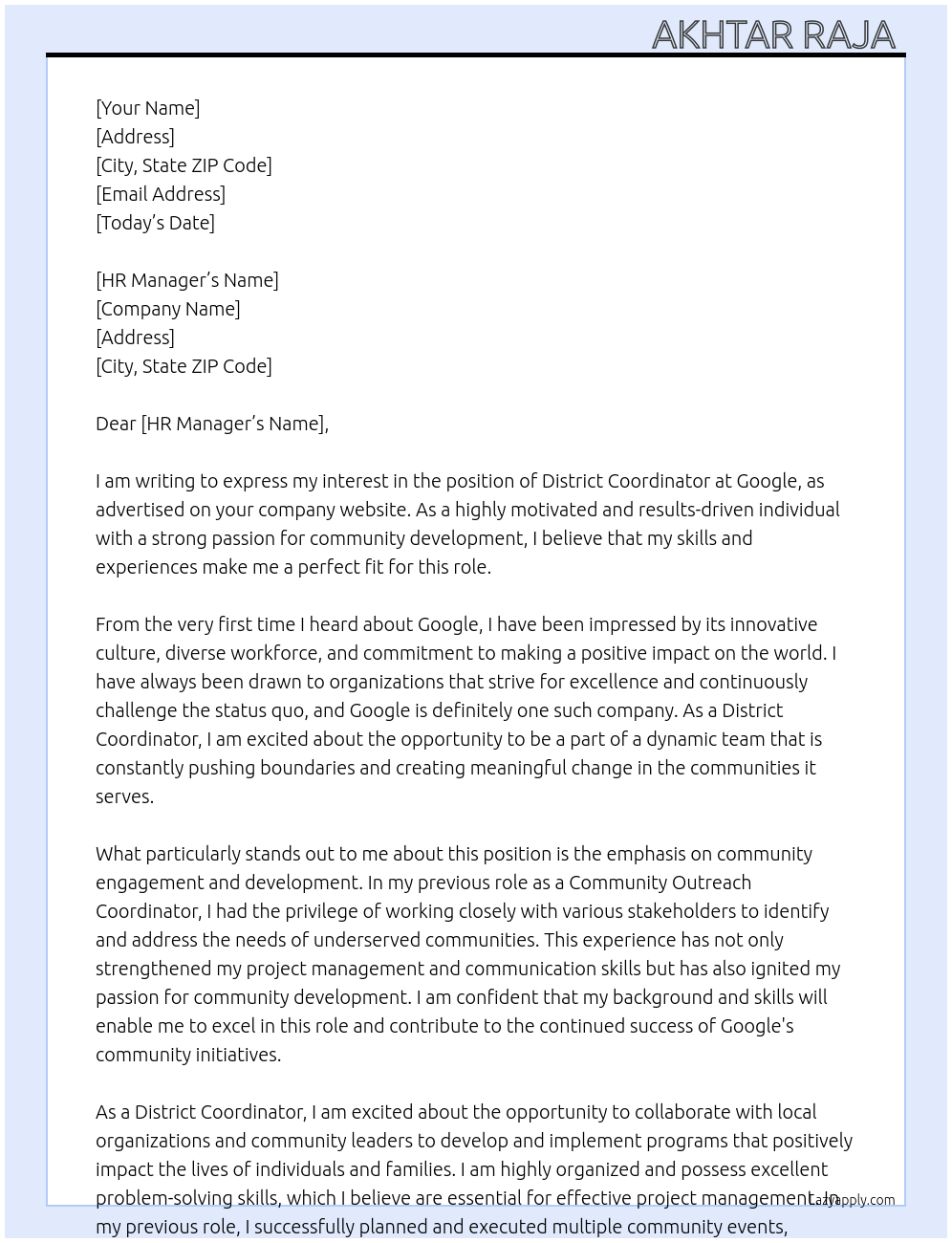 DISTRICT COORDINATOR At Google Cover Letter