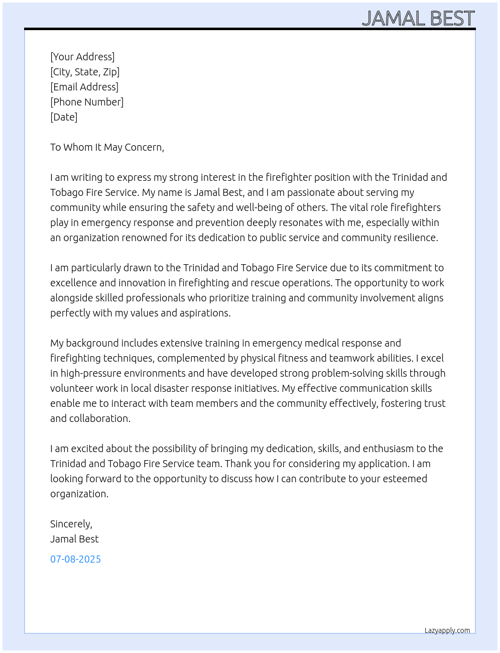 Cover letter for firefighter - LazyApply
