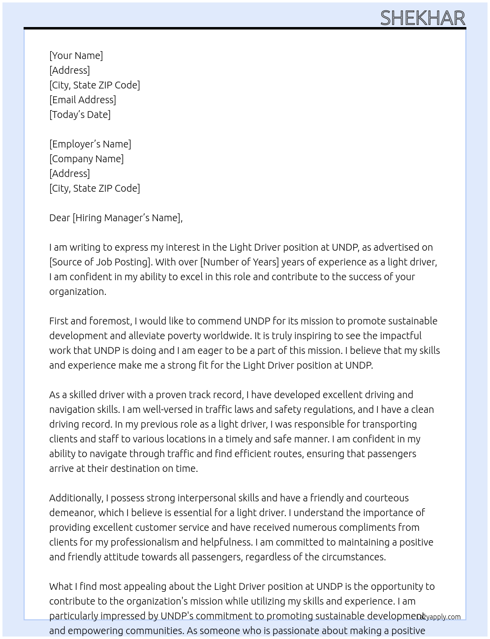 Light driver At UNDP Cover Letter