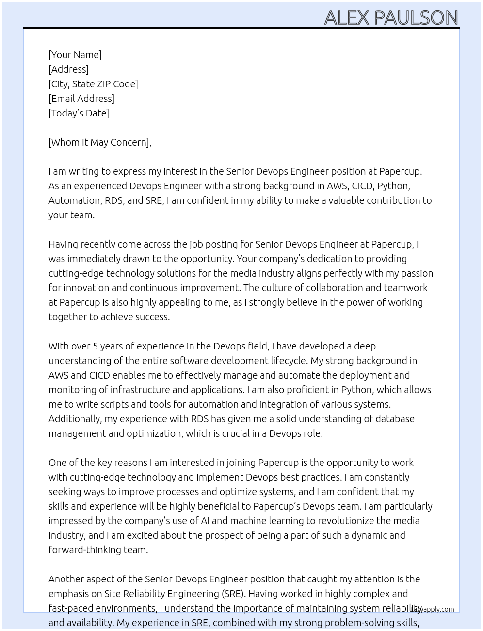 Senior Devops Engineer At Papercup Cover Letter