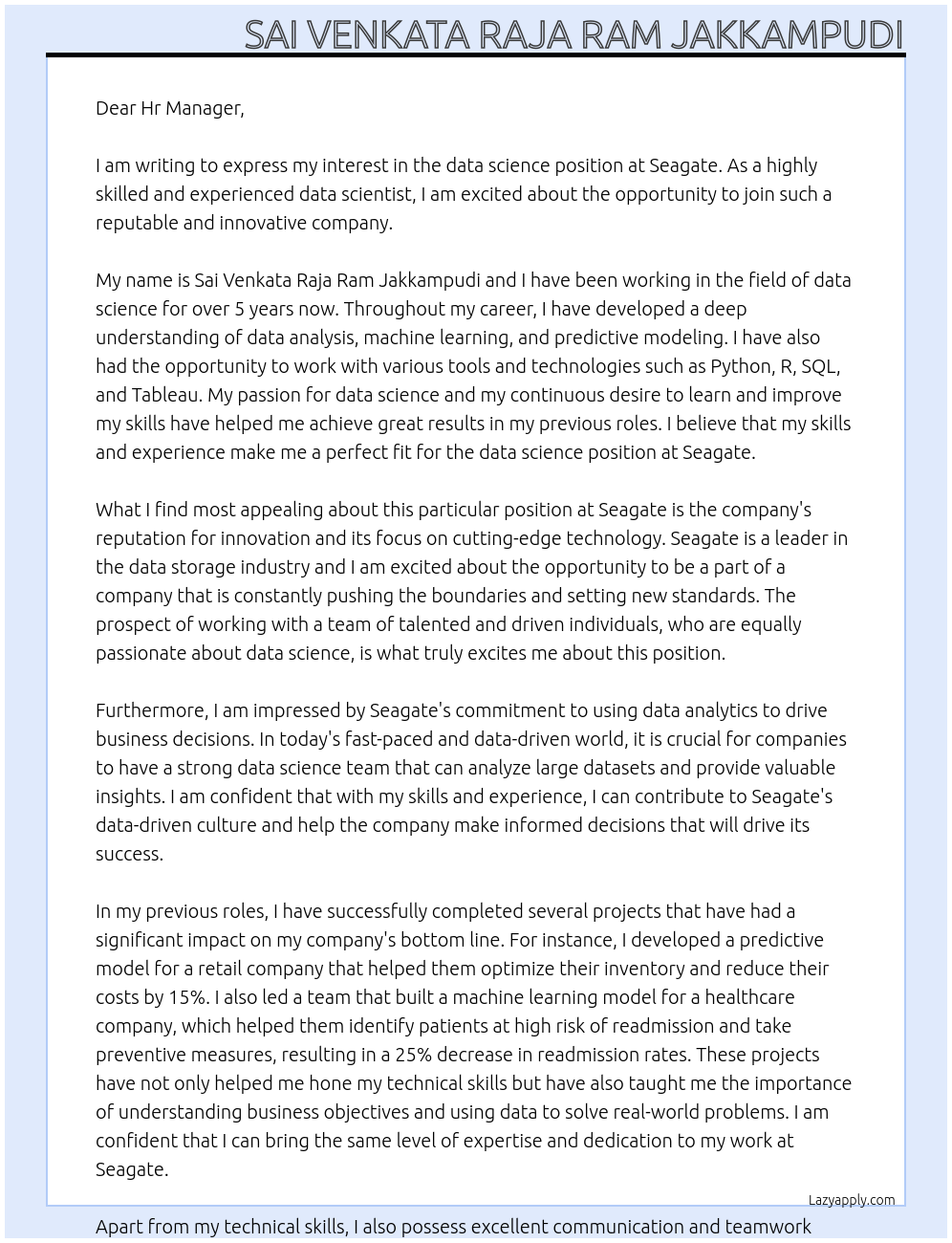 data science At Seagate Cover Letter