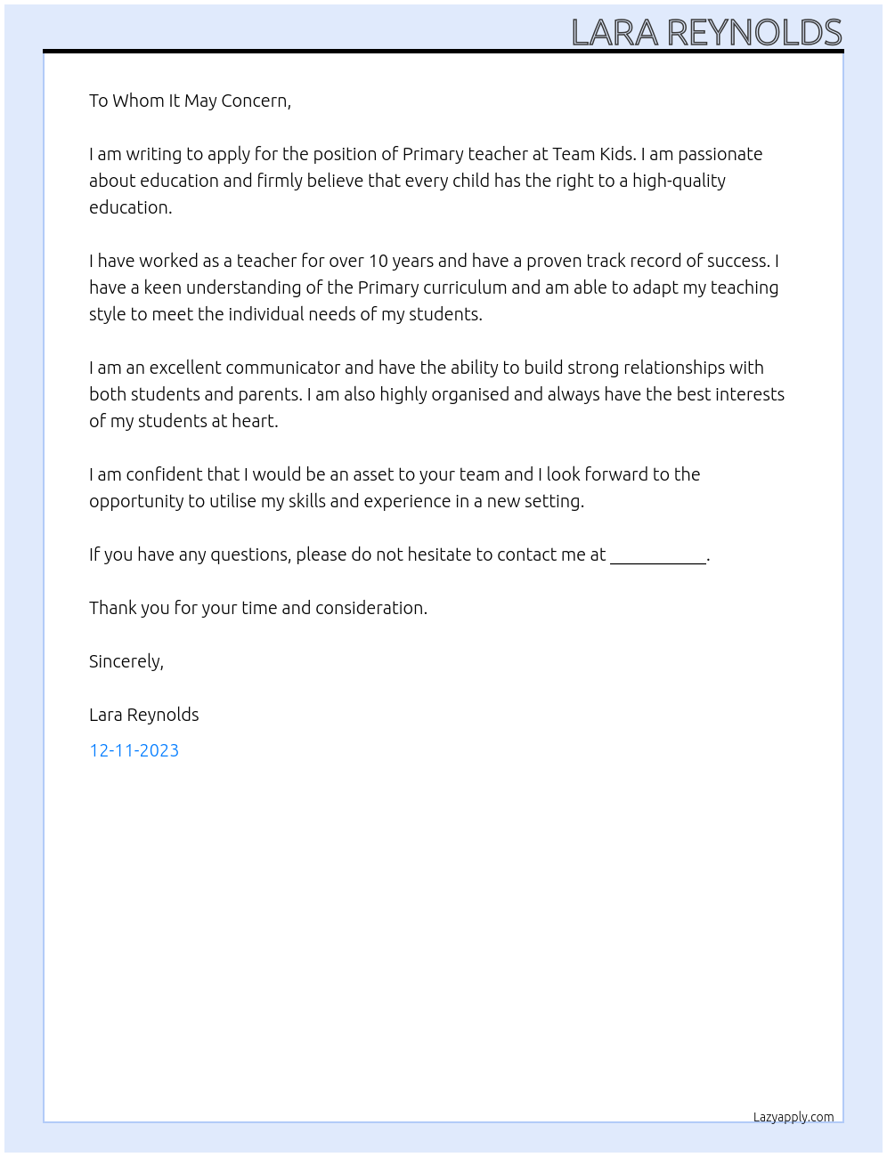 Primary teacher At Team Kids Cover Letter
