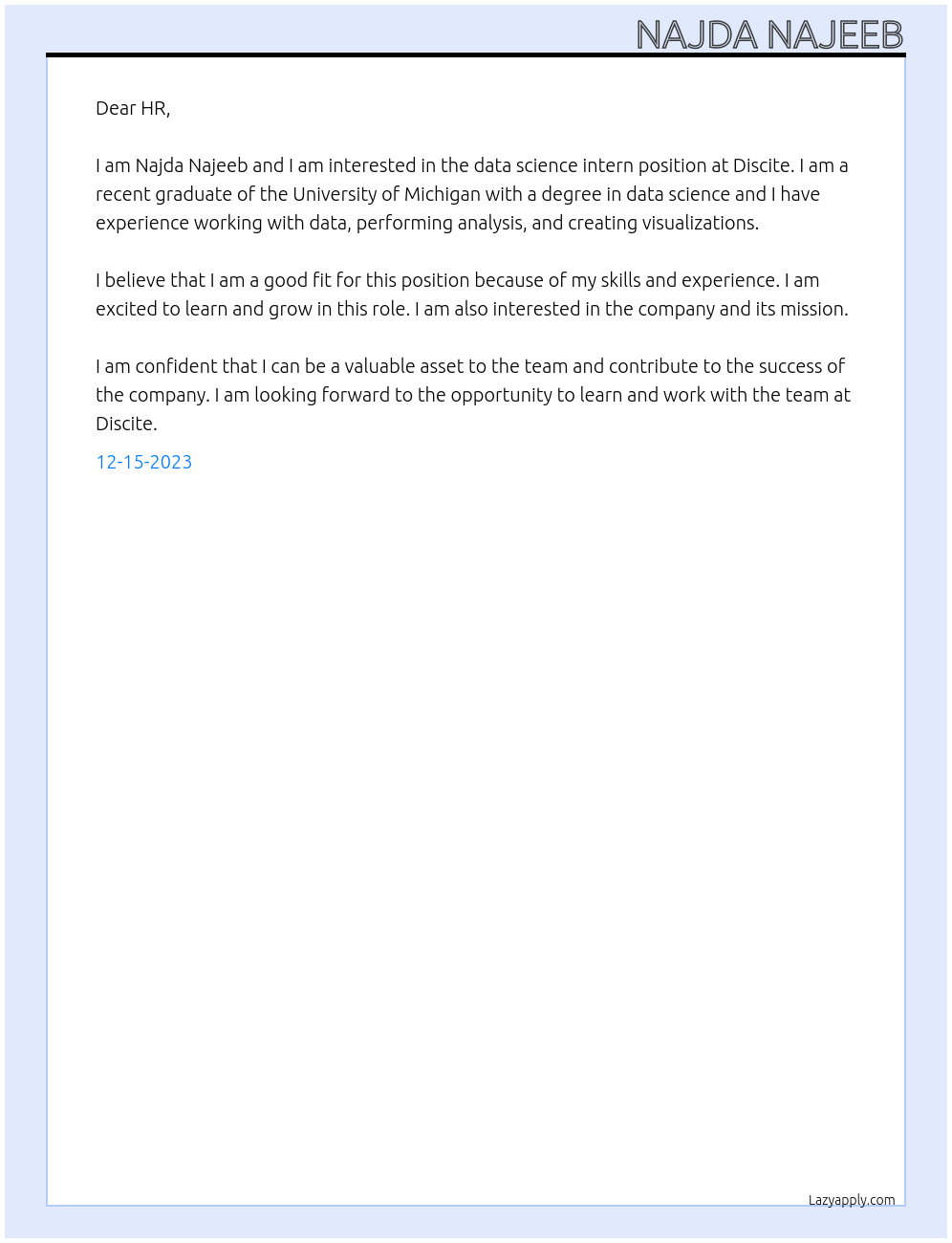 data science intern At discite Cover Letter