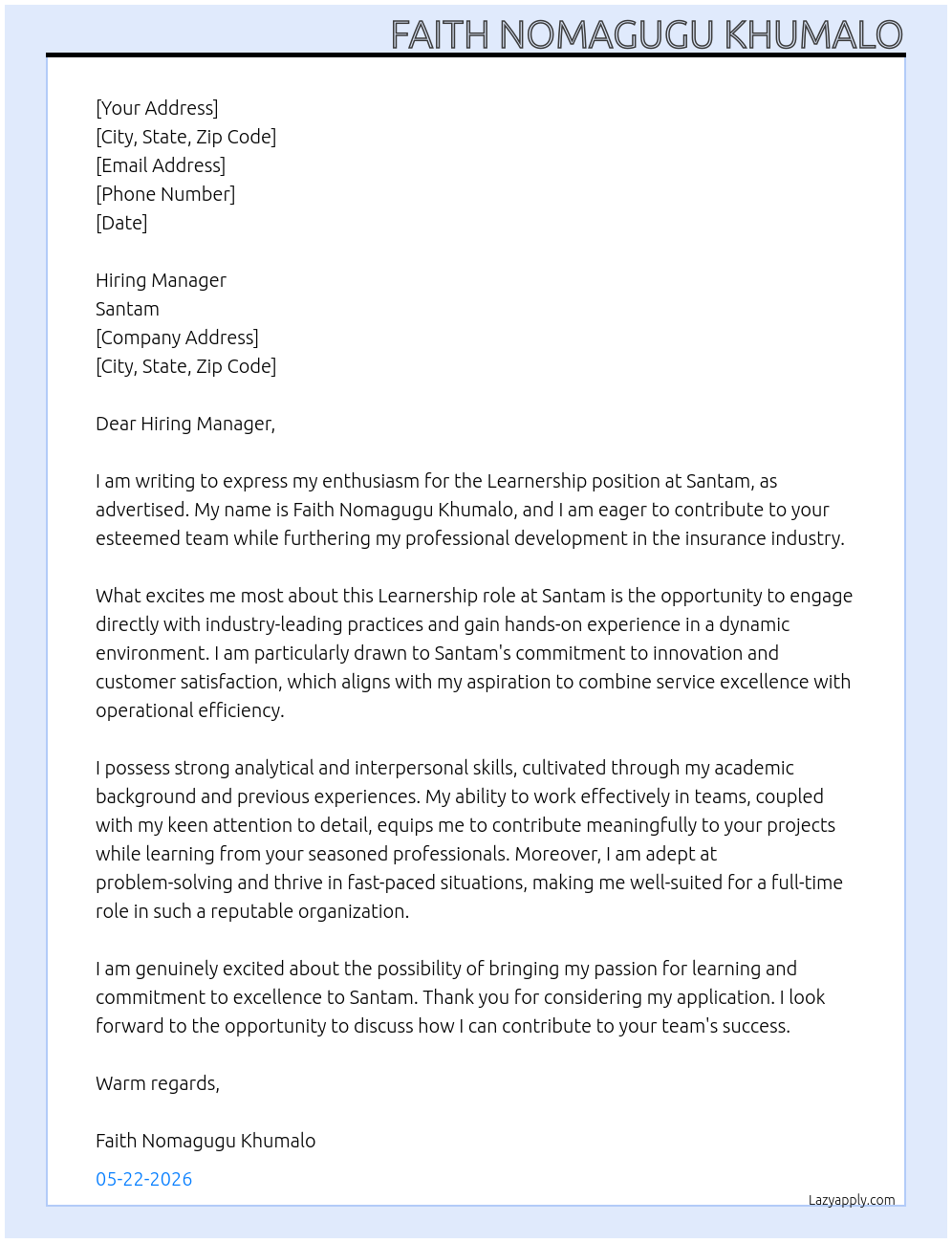 Learnership  At Santam Cover Letter