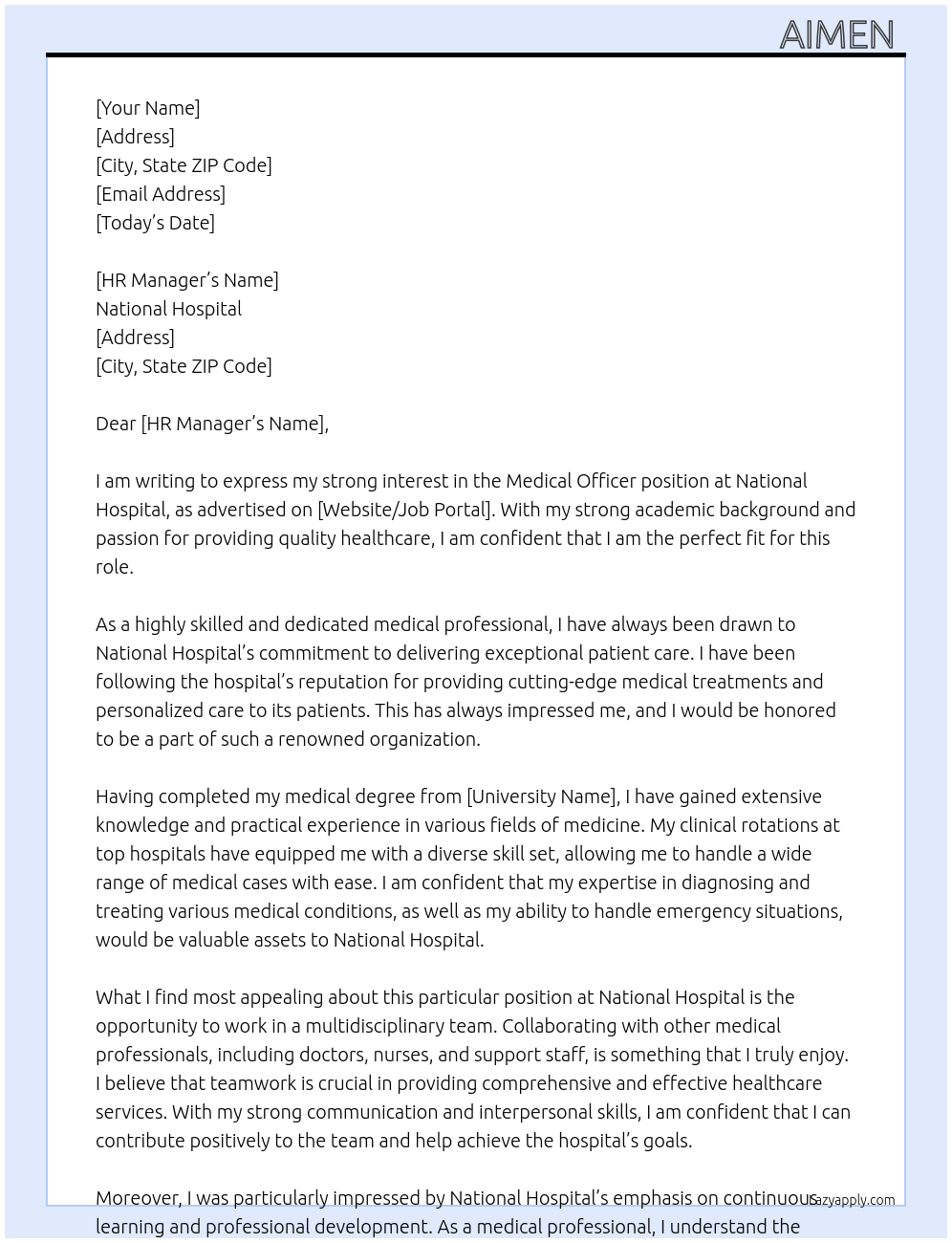 Medical officer  At National Hospital  Cover Letter