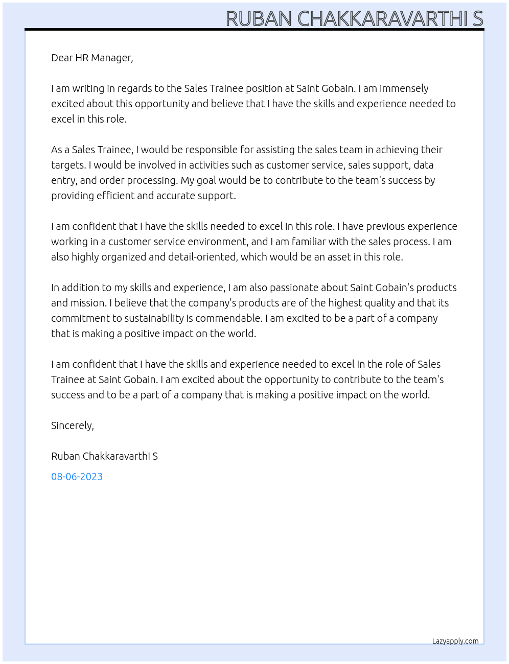 Sales trainee At Saint Gobain Cover Letter