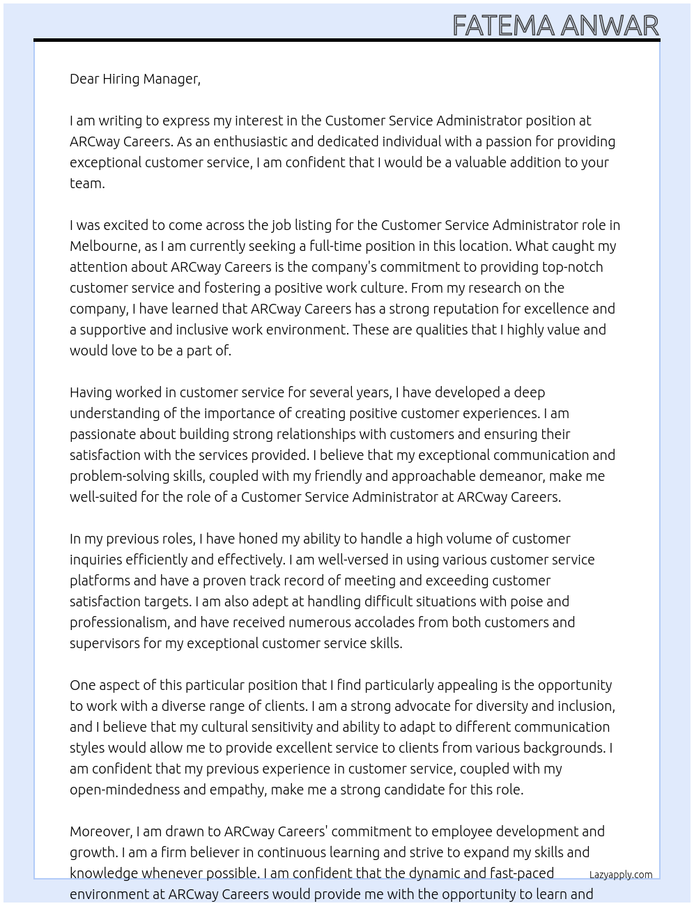 Customer service administrator  At ARCway careers Cover Letter