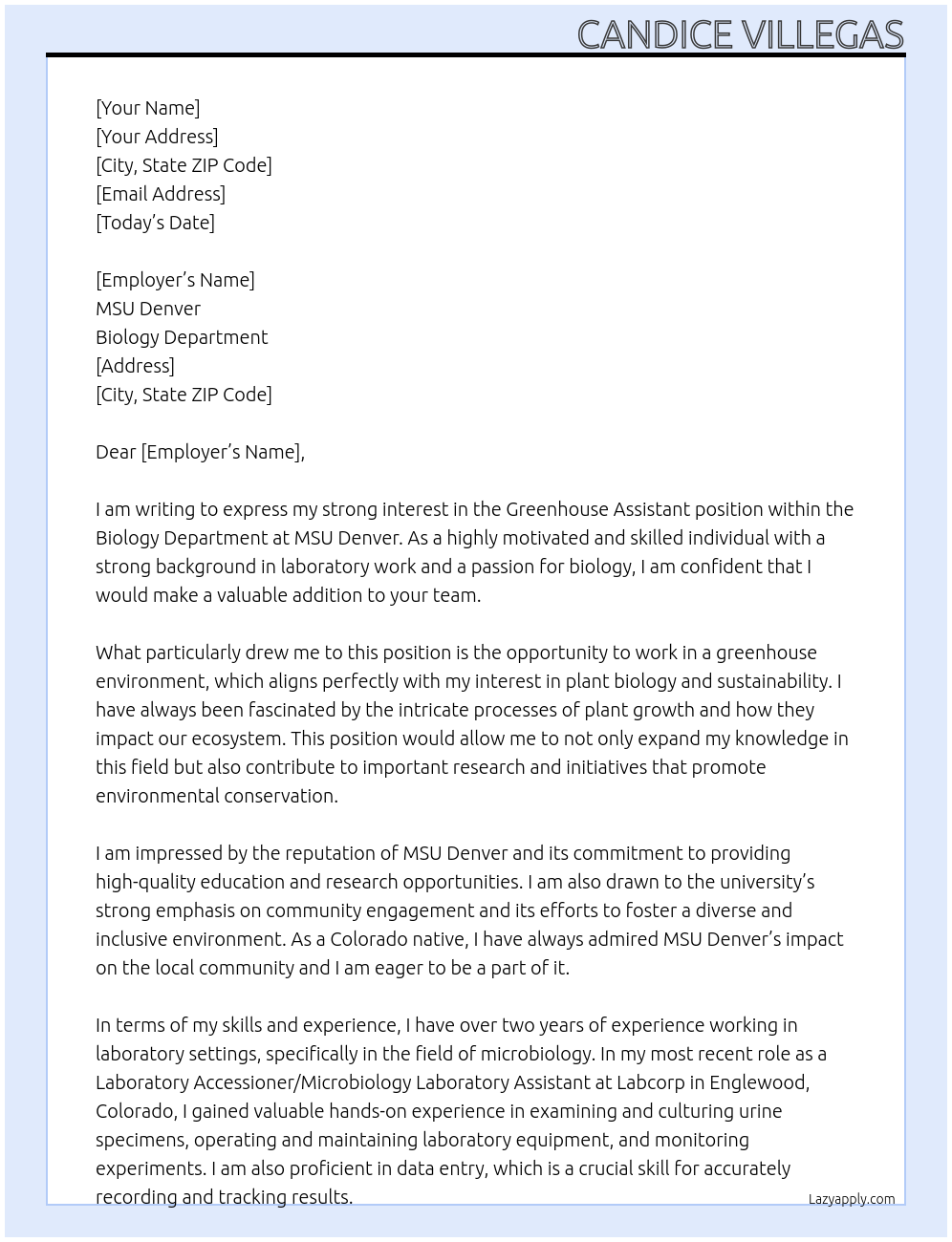 Greenhouse Assistant At MSU Denver Cover Letter
