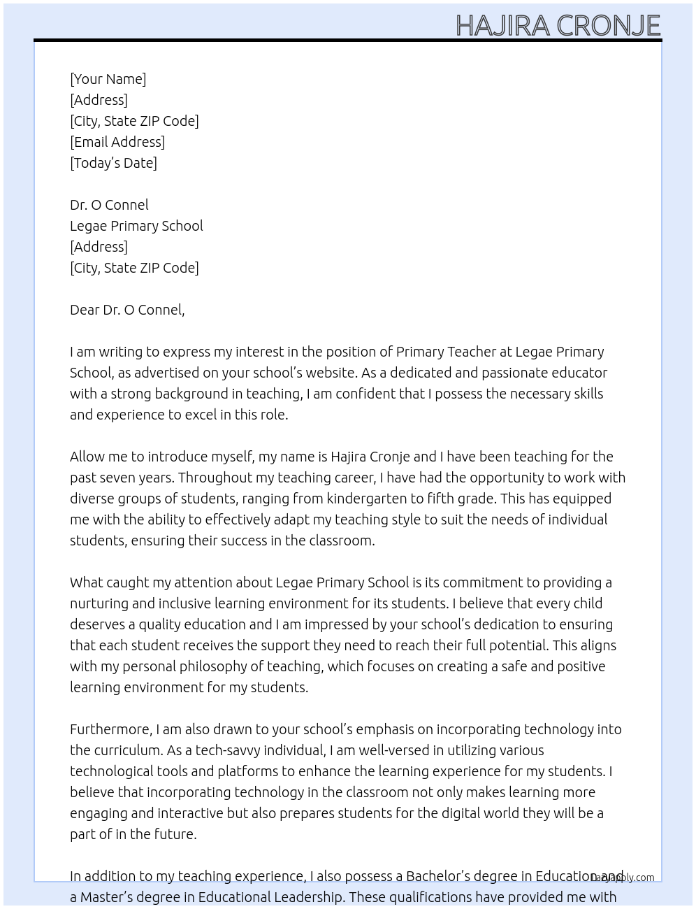 primary teacher At Legae Primary School Cover Letter