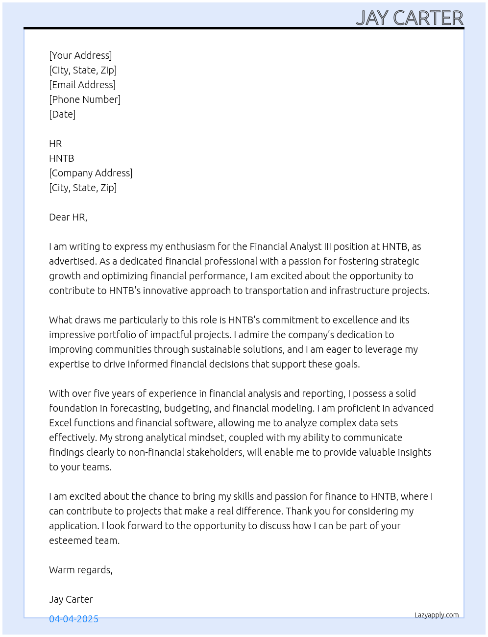 Cover letter for financial analyst iii - LazyApply