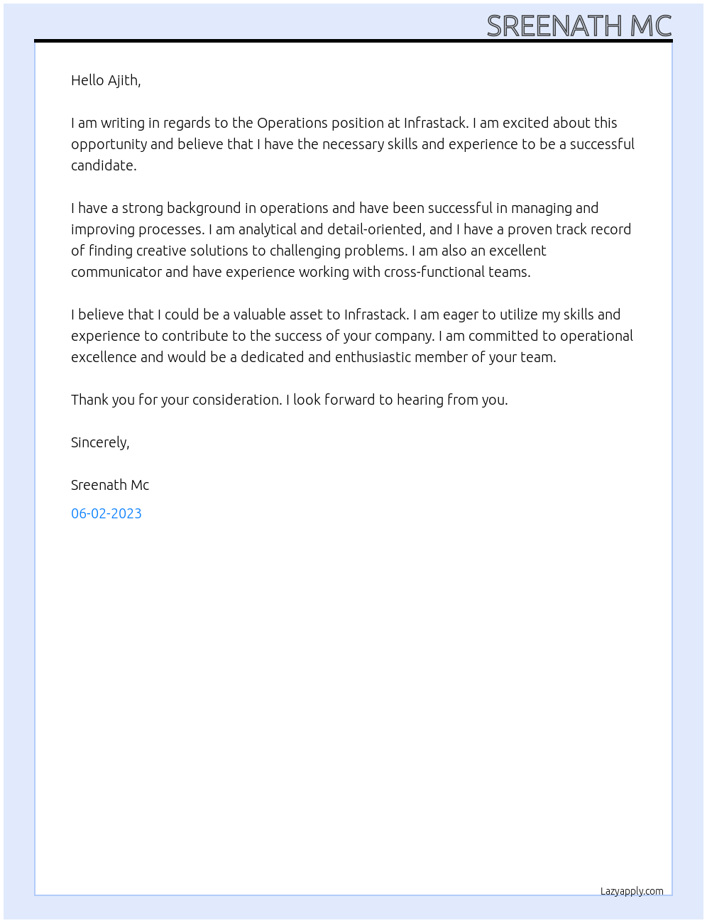 Operations At Infrastack Cover Letter