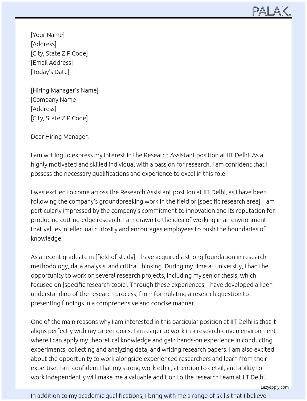 Research Assisstant At IIT Delhi Cover Letter