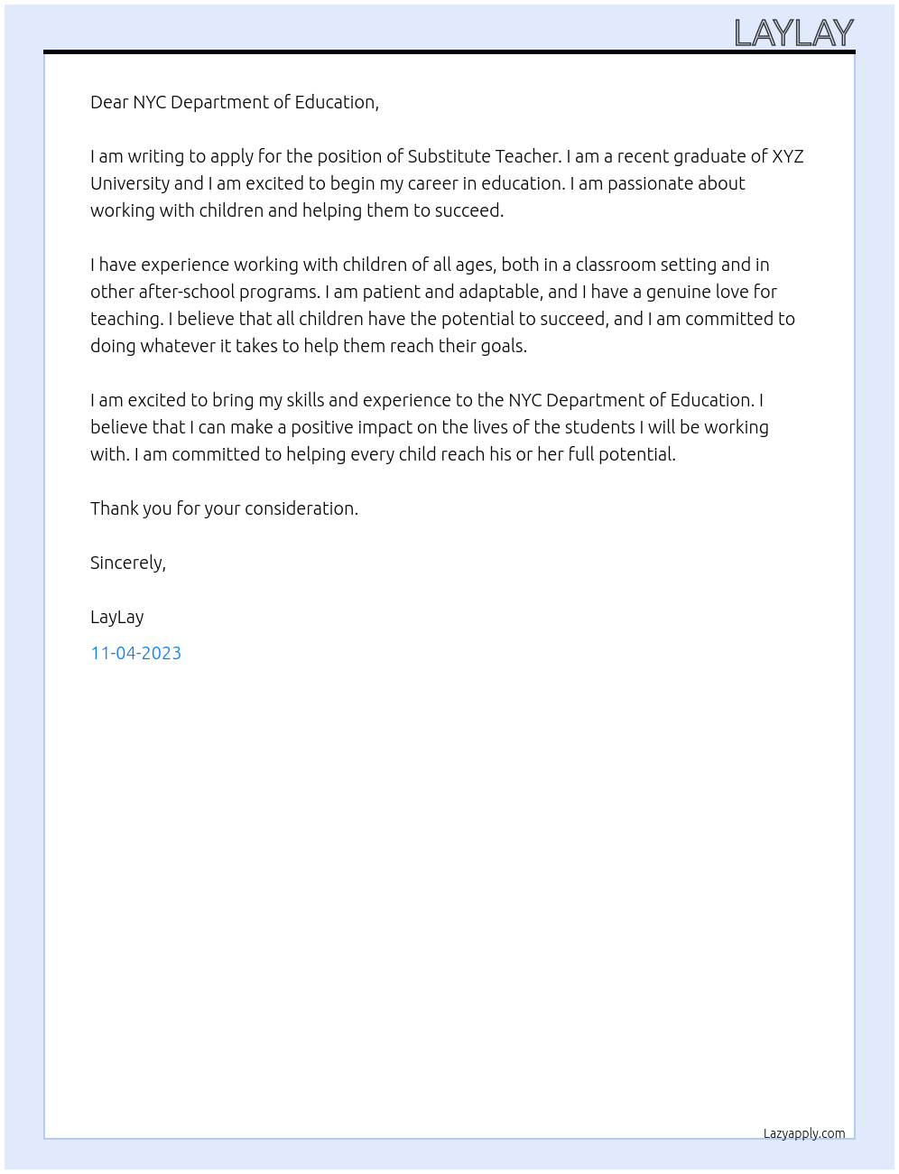 Substitute Teacher At NYC Department of Education Cover Letter