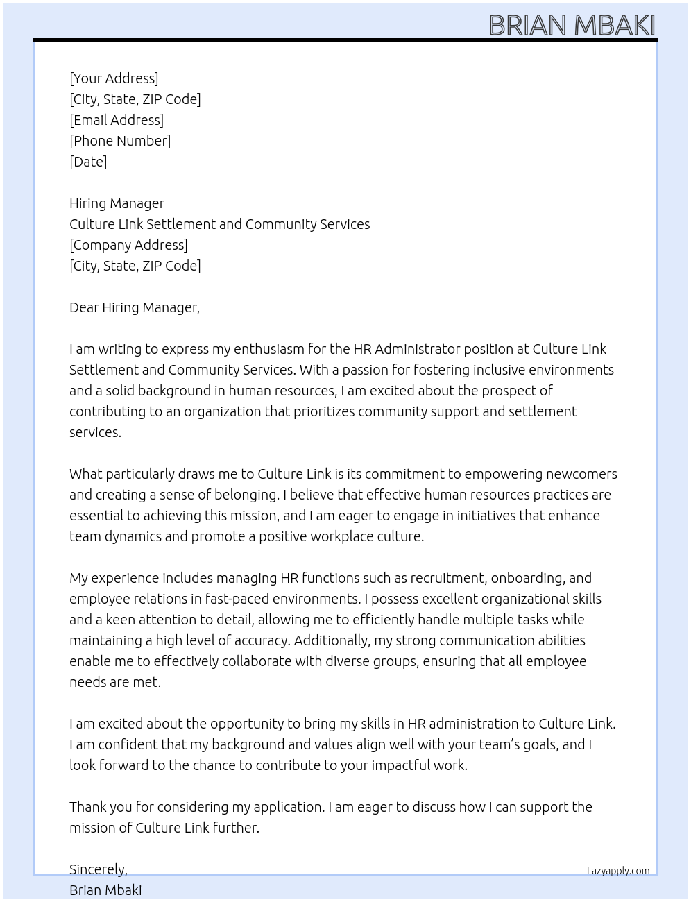 Cover letter for hr administrator - LazyApply