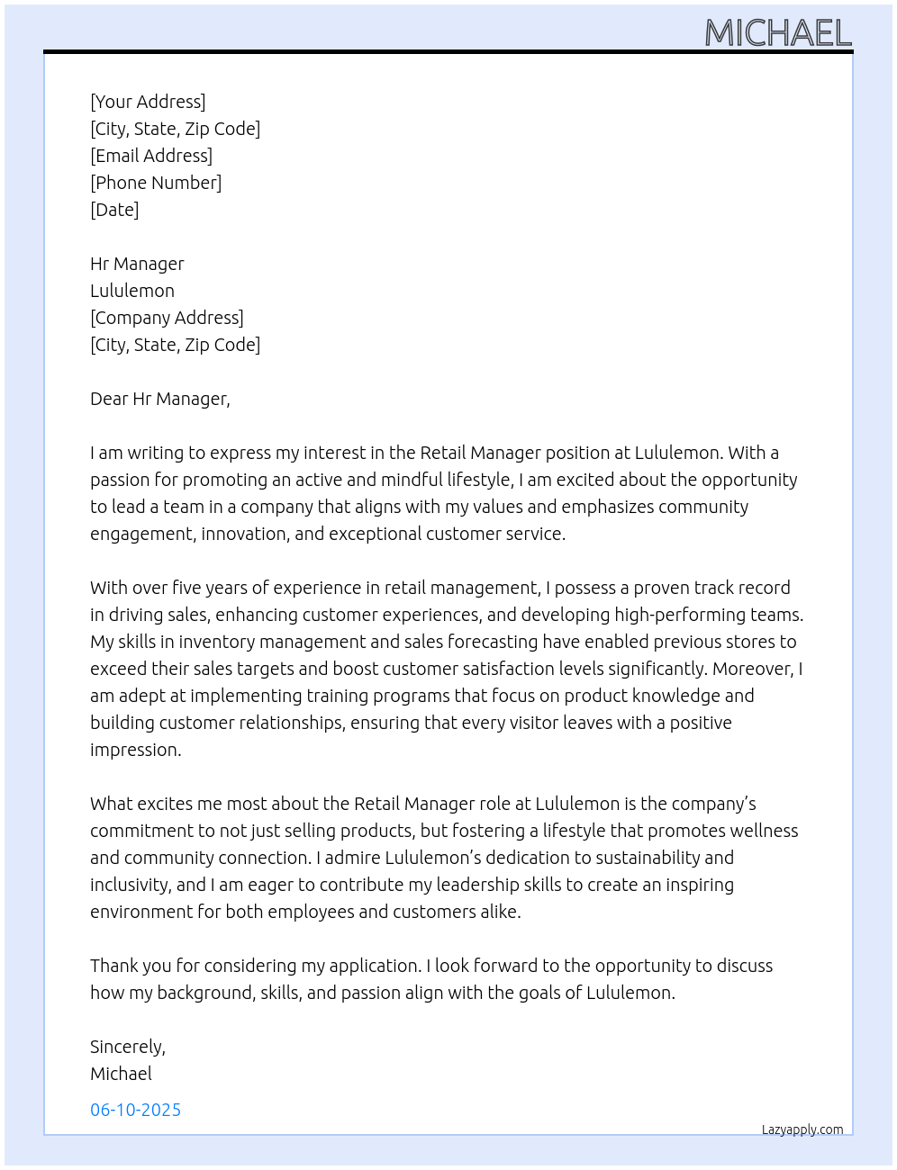Retail manager At Lululemon Cover Letter