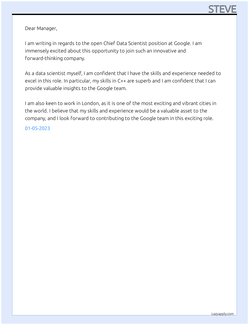 Cover letter for chief data scientist - LazyApply