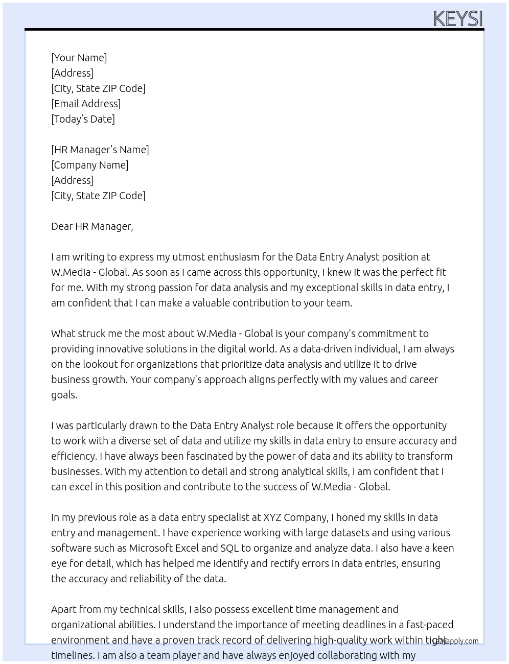 Data Entry Analyst At W.Media - Global Cover Letter