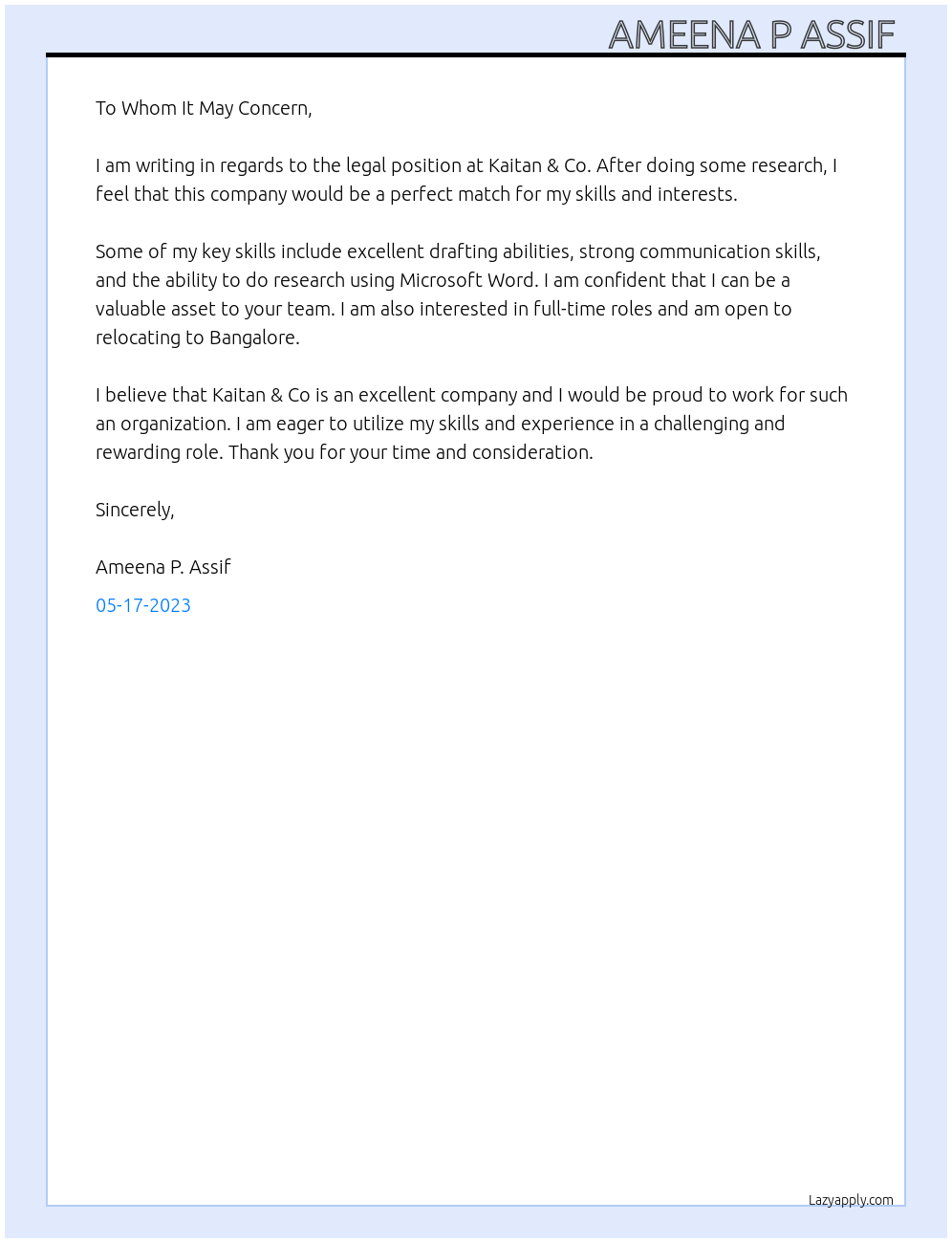 Legal At Kaitan &Co. Cover Letter