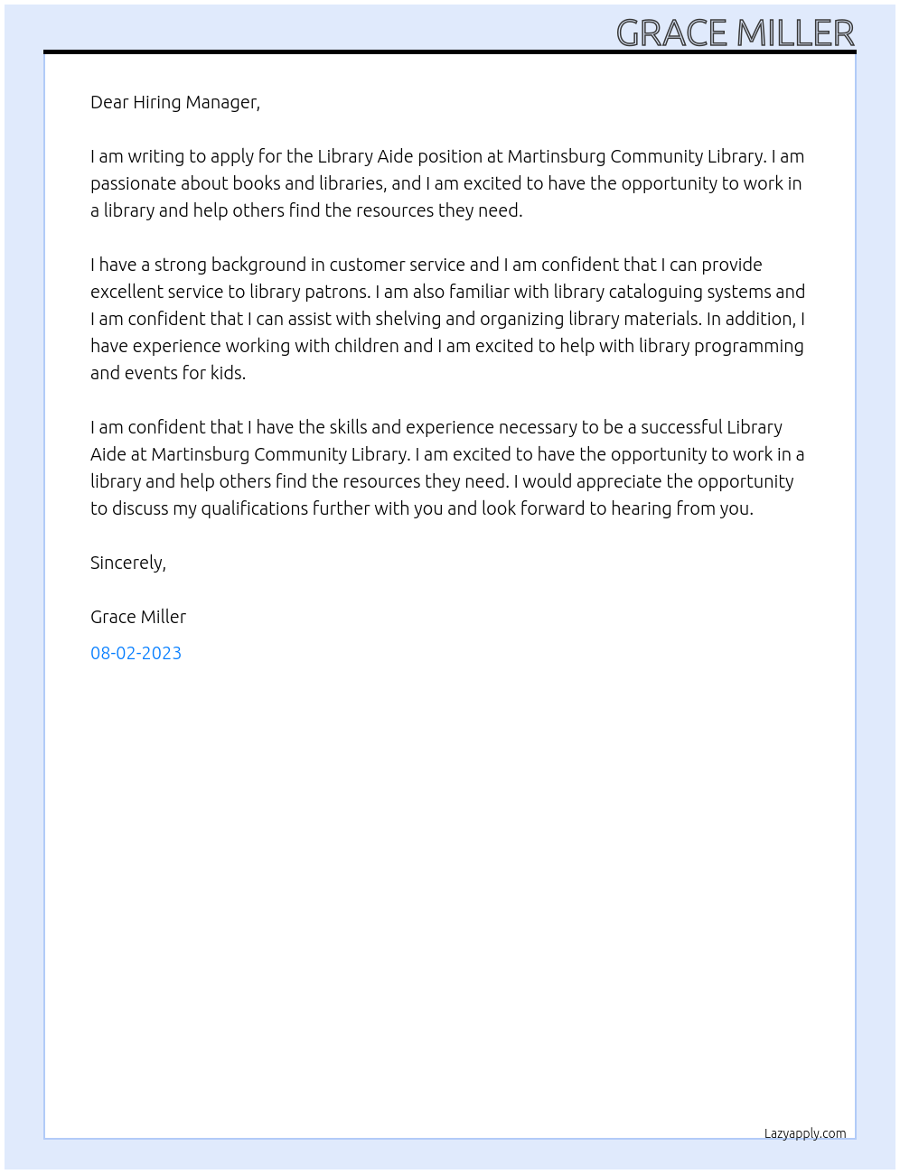 Library aide  At Martinsburg Community Library  Cover Letter