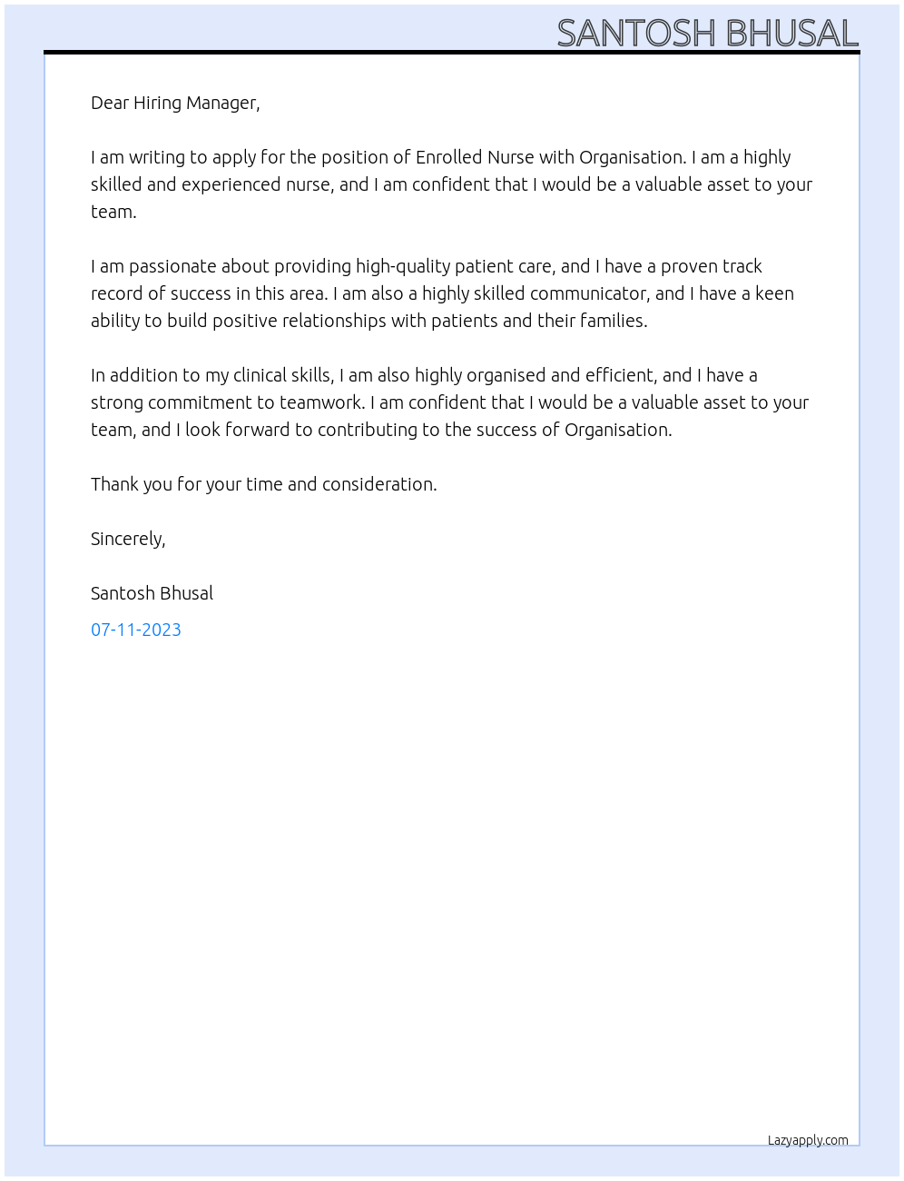 Enrolled Nurse At Organisation Cover Letter