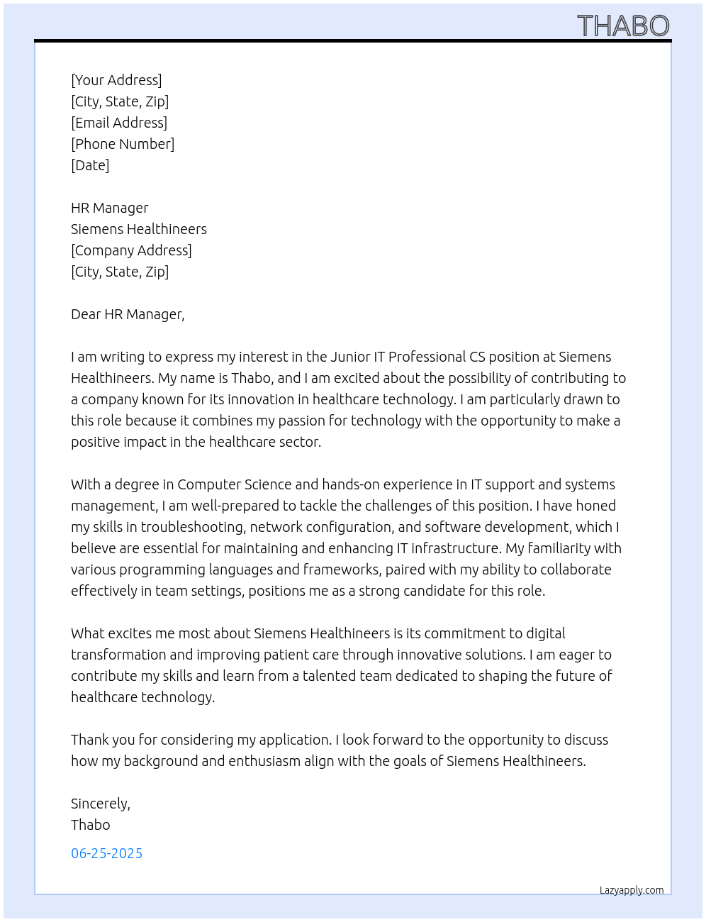 Junior IT Professional CS At Siemens Healthineers Cover Letter
