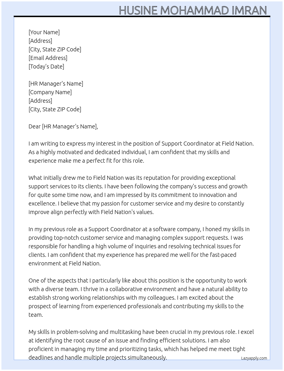 Support Coordinator At Field Nation Cover Letter