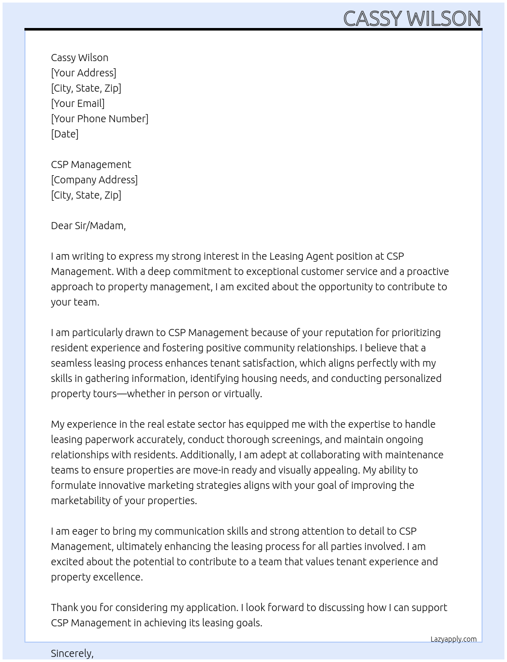 Cover letter for leasing agent - LazyApply