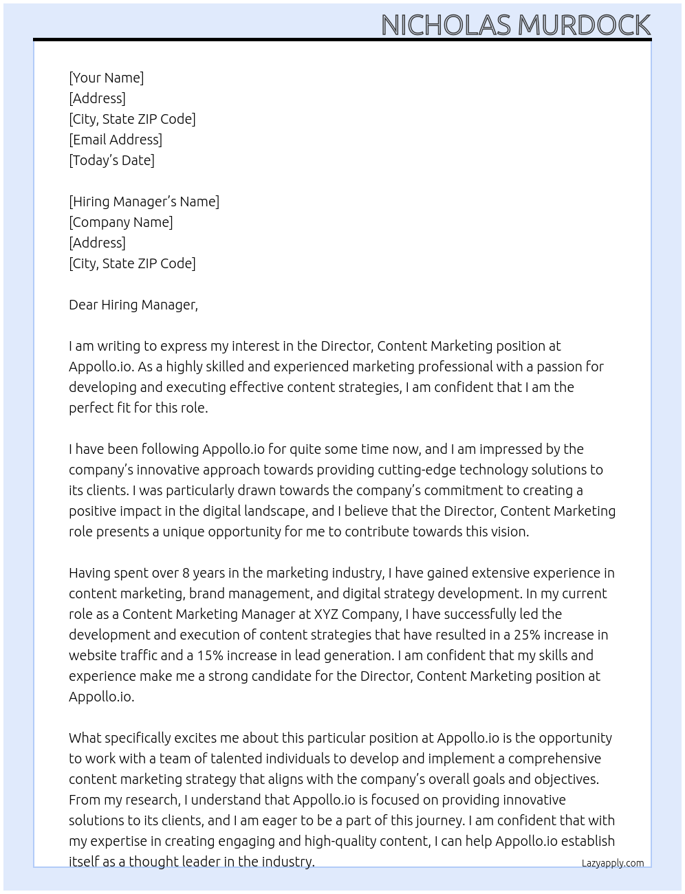 Director, Content Marketing At Appollo.io Cover Letter