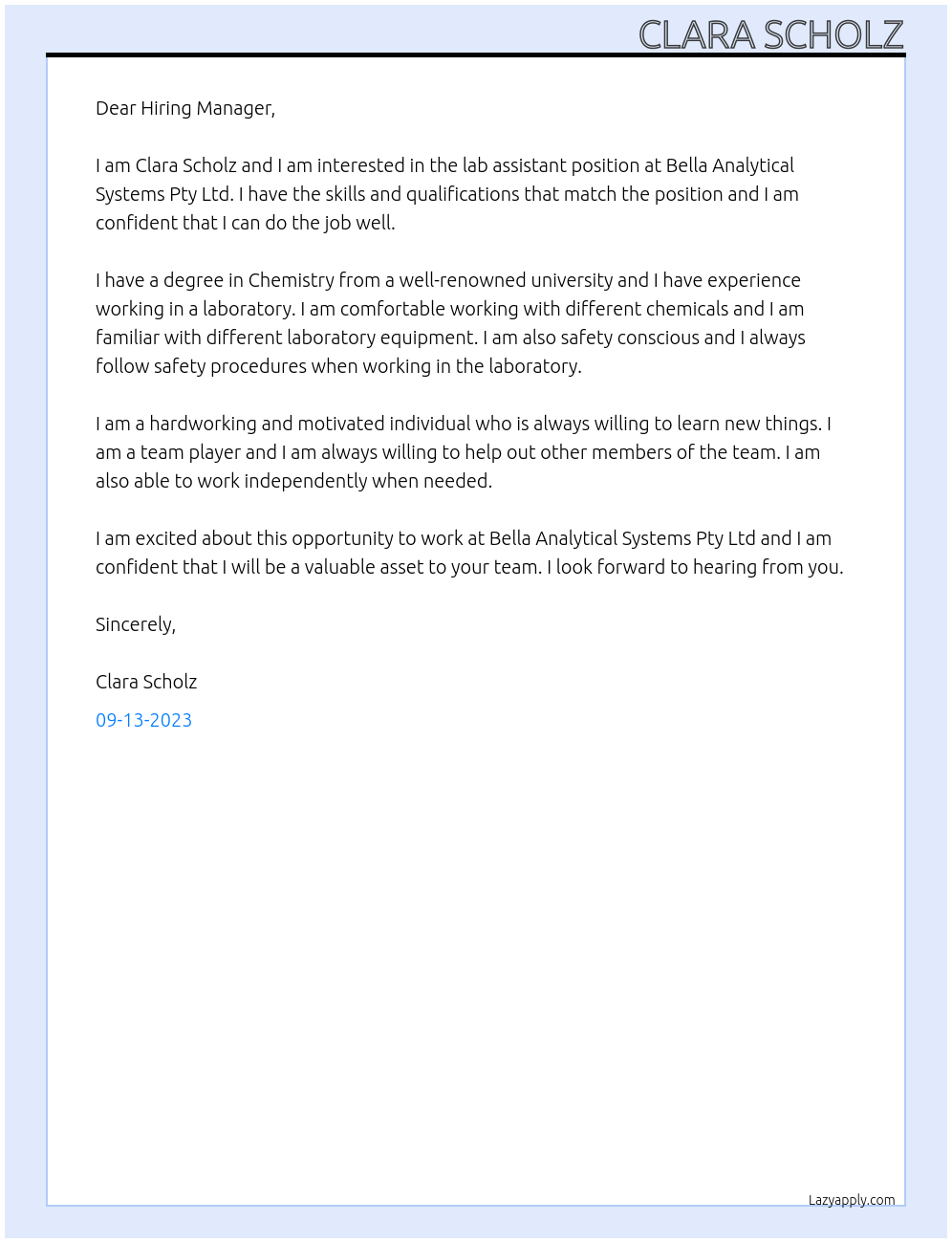 Lab assistant At Bella Analytical Systems Pty Ltd Cover Letter