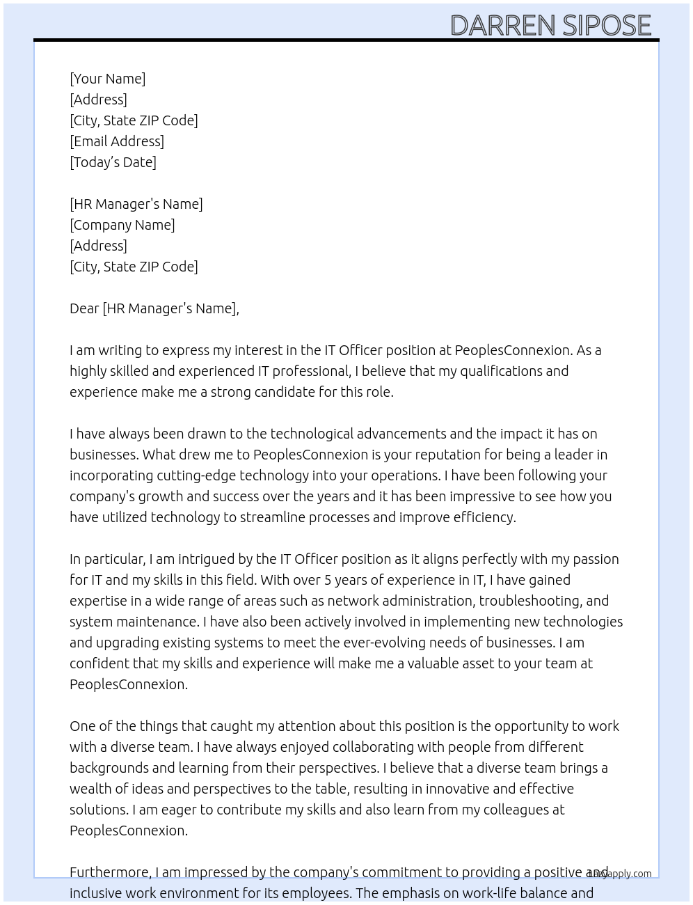 IT Officer At PeoplesConnexion Cover Letter