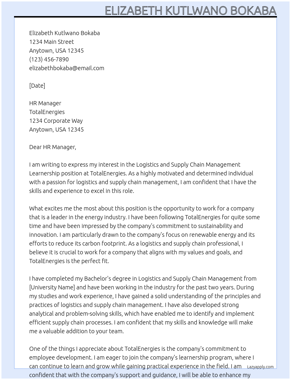 Logistics and Supply Chain Management Learnership At TotalEnergies Cover Letter
