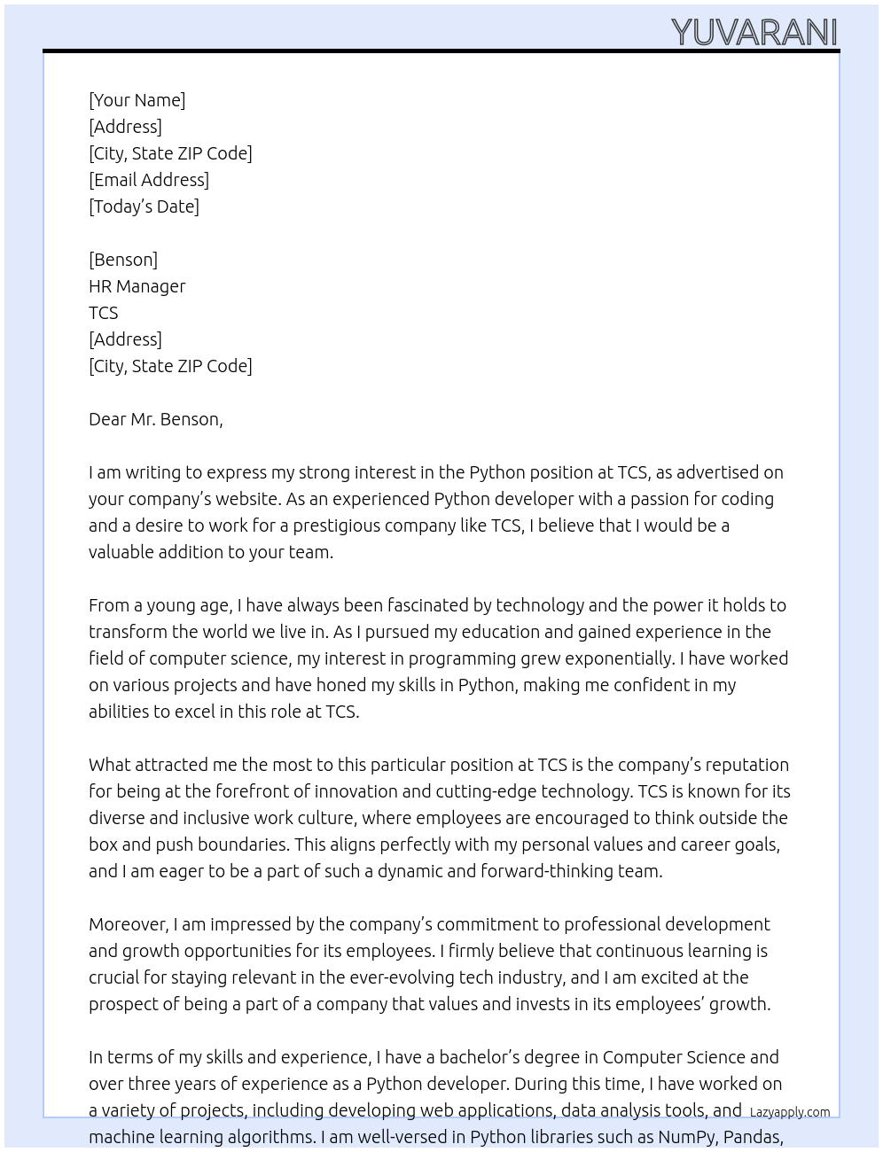 Python At TCS Cover Letter