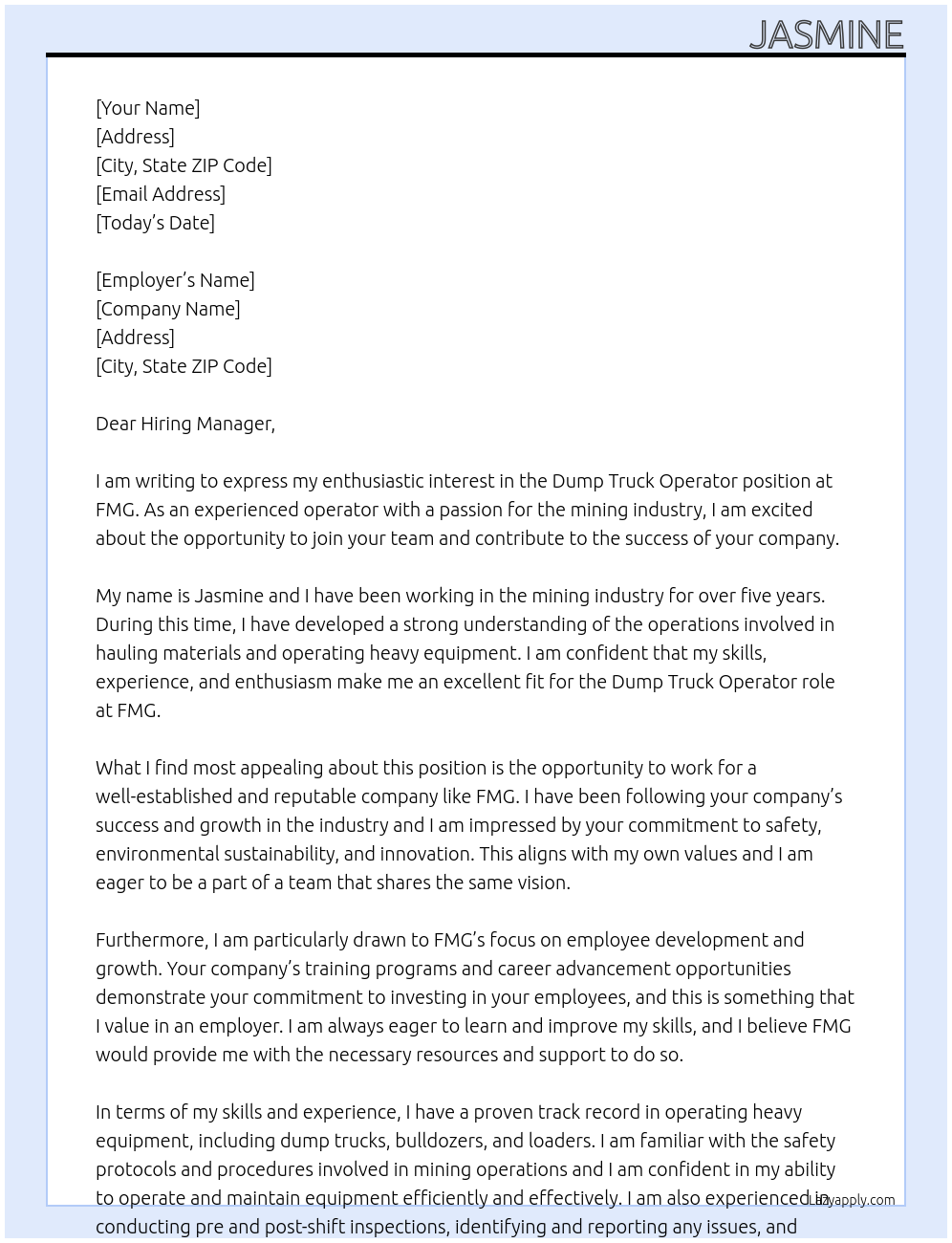 Dump Truck Operator At FMG Cover Letter