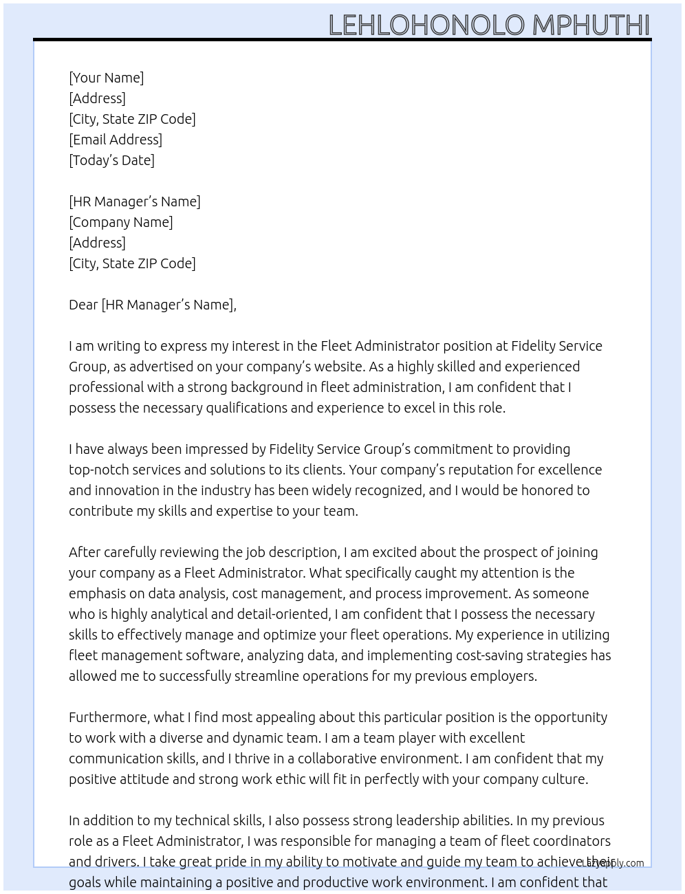 Fleet Administrator  At Fidelity Service Group Cover Letter