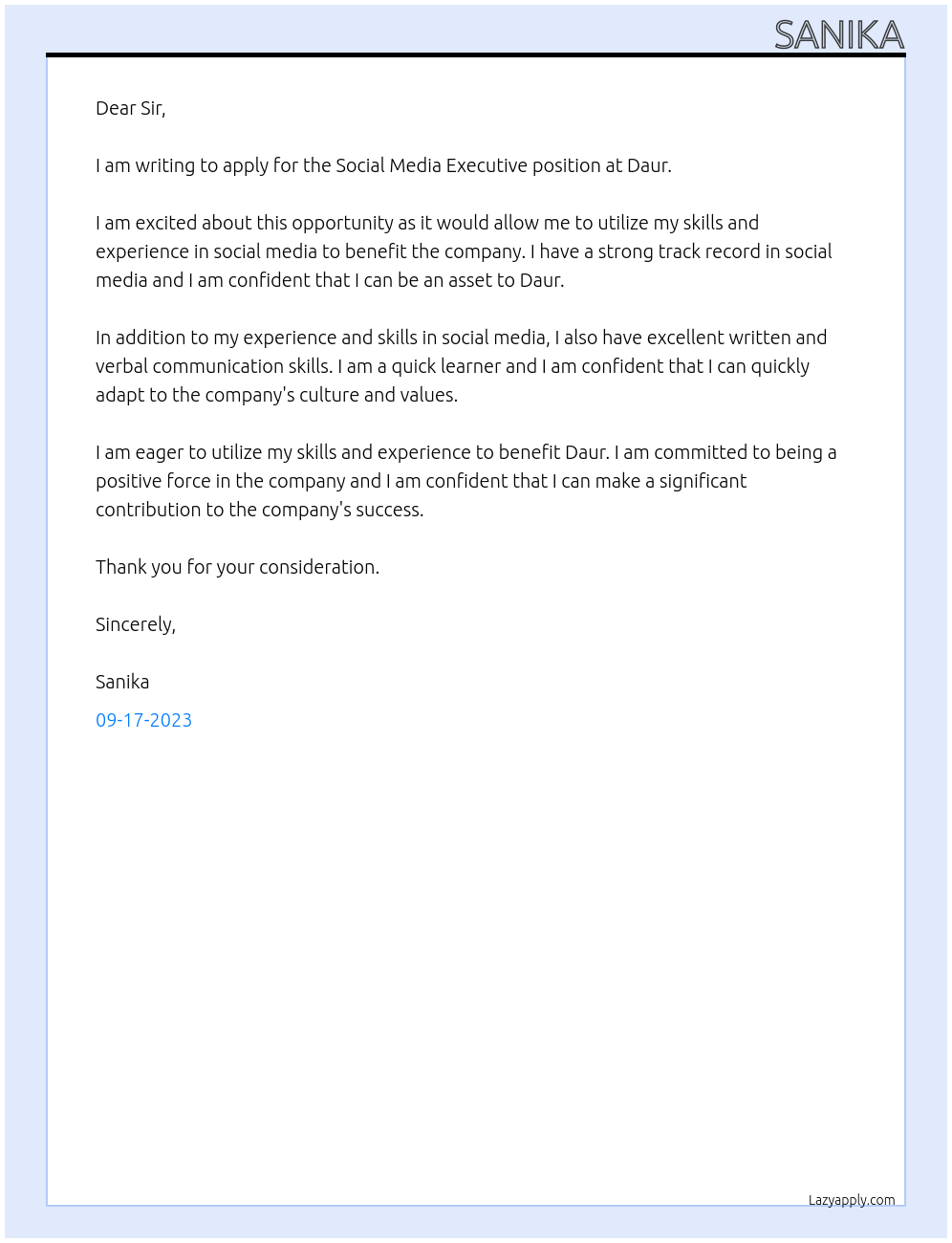 Social Media Executive At Daur Cover Letter