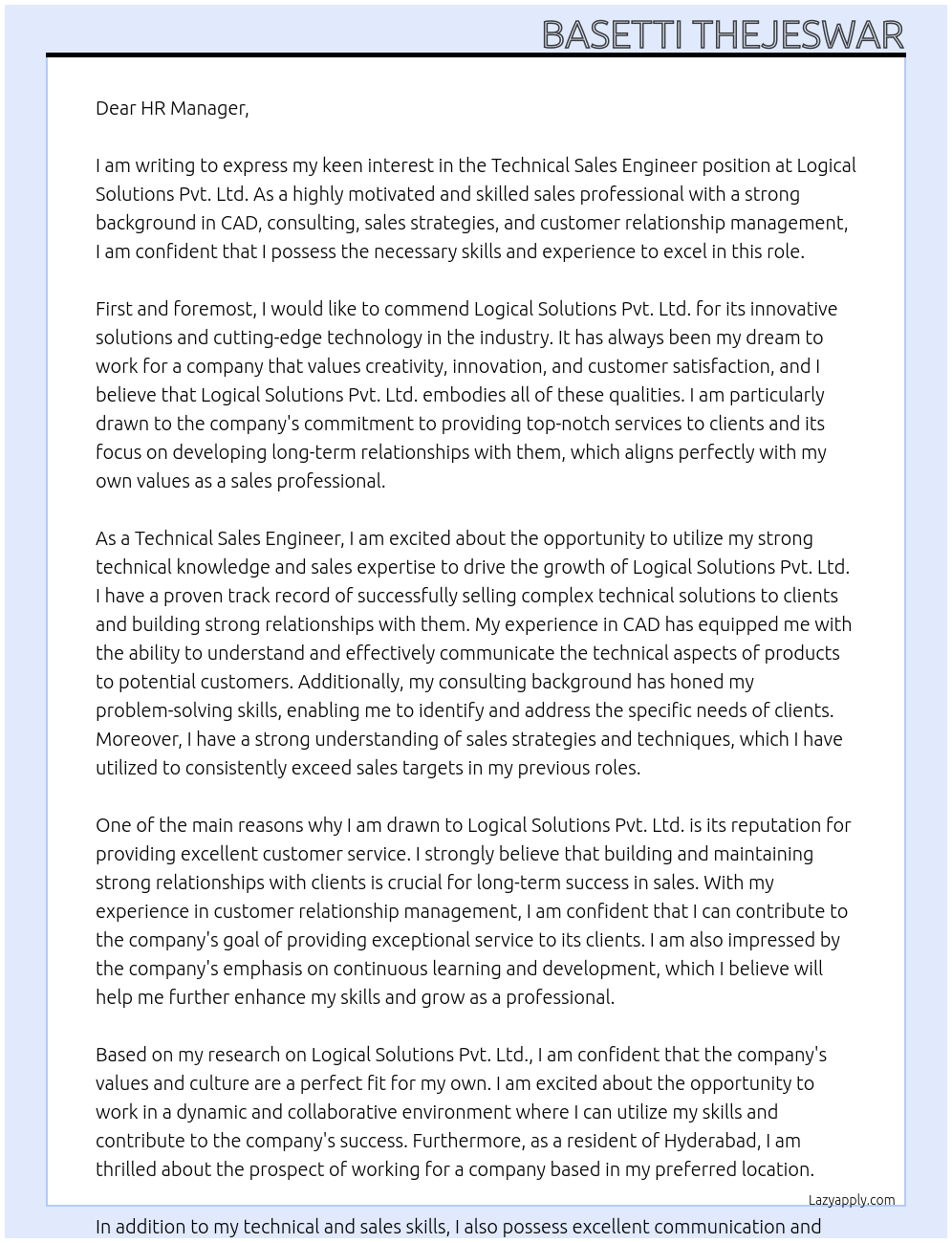 Technical Sales Engineer At Logical Solutions Pvt. Ltd. Cover Letter