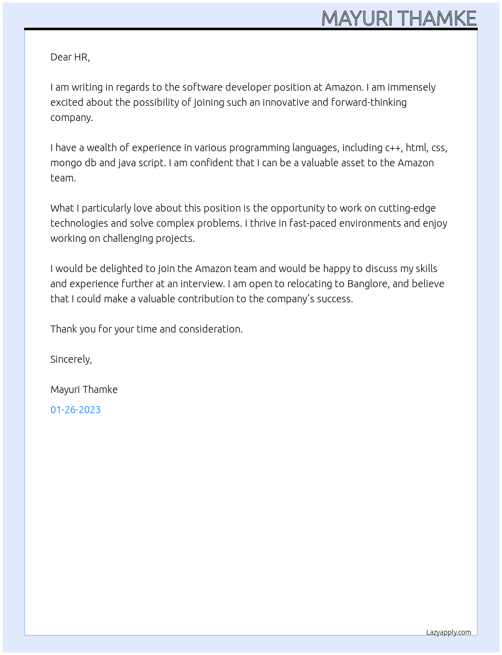 Cover letter for software devloper - LazyApply