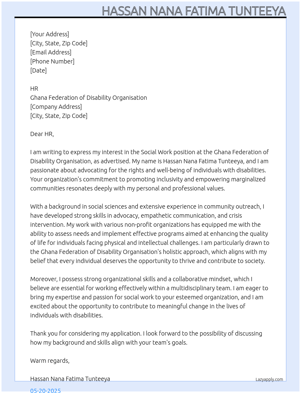 social work At GHANA FEDERATION OF DISABILITY ORGANISATION Cover Letter