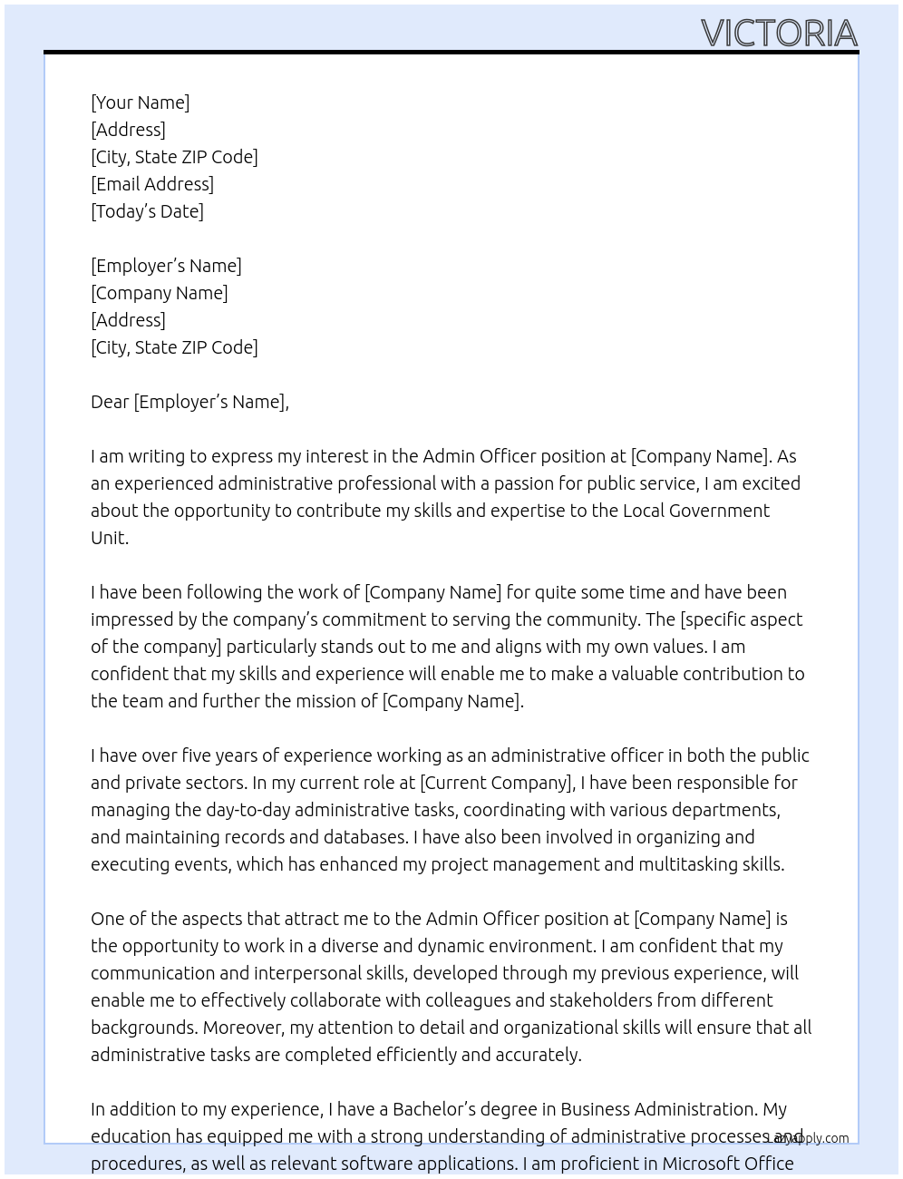 admin officer At local government unit Cover Letter