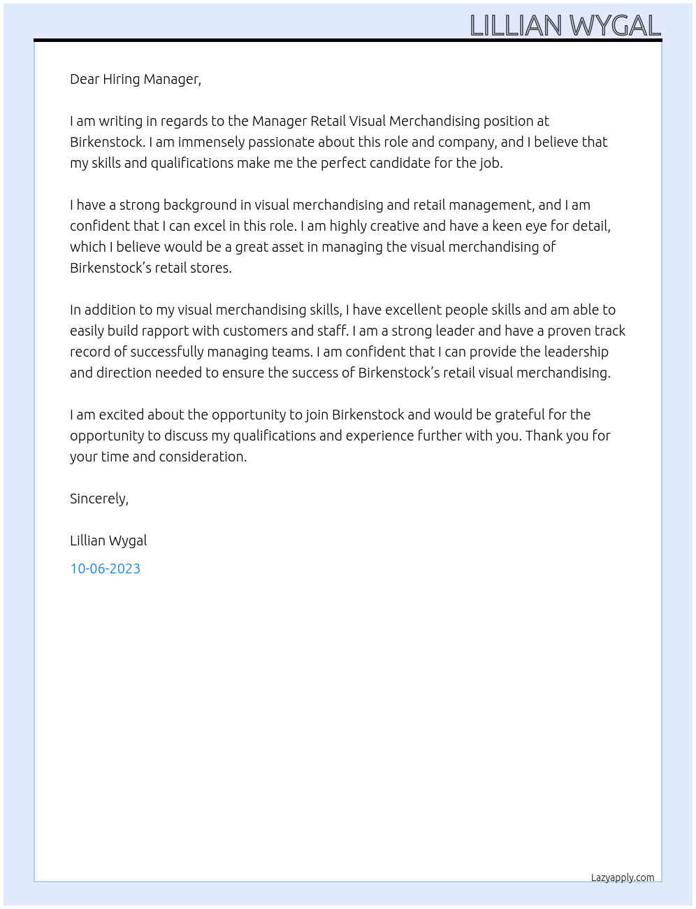 Manager Retail Visual Merchandising At Birkenstock Cover Letter