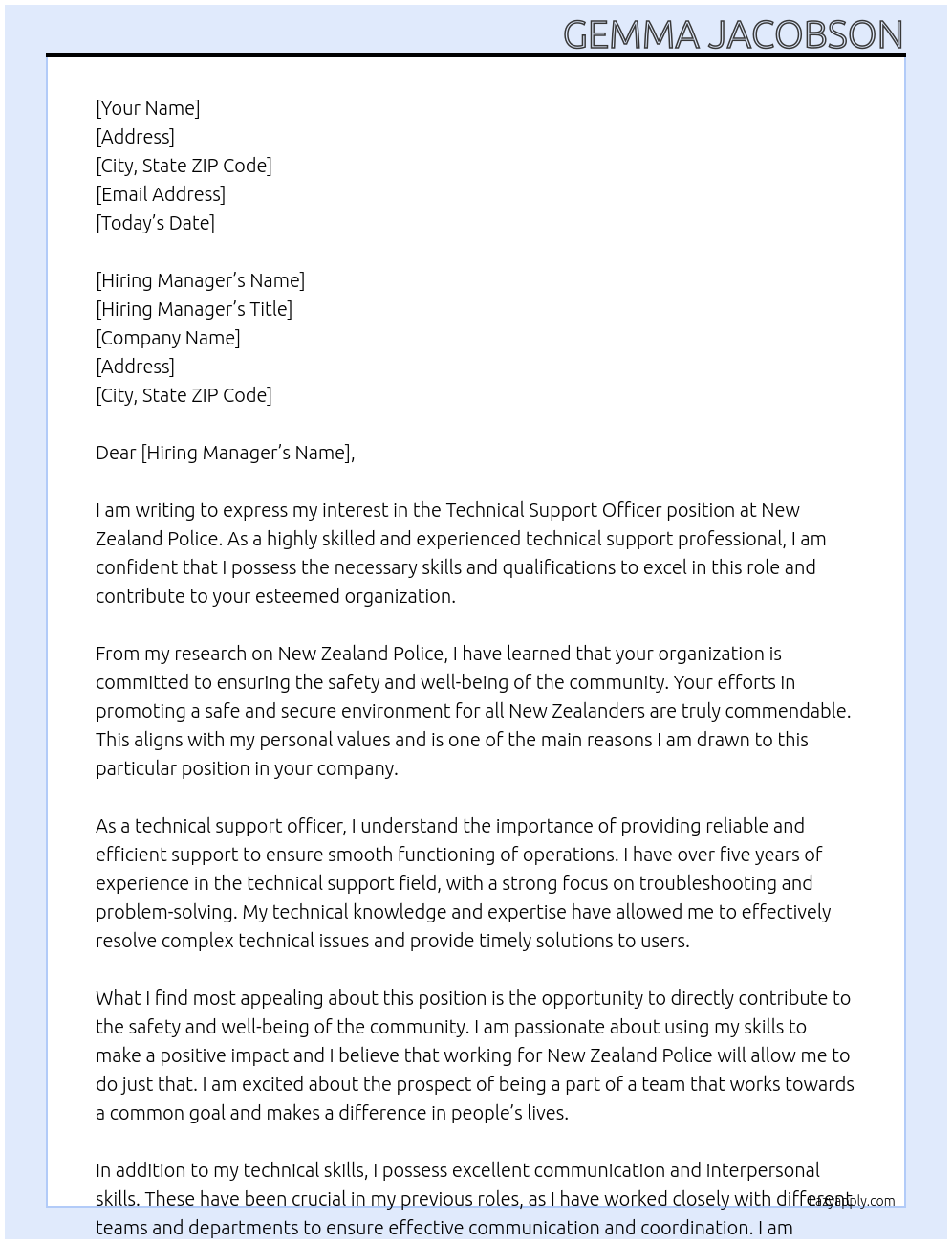 Technical Support Officer At New Zealand Police Cover Letter