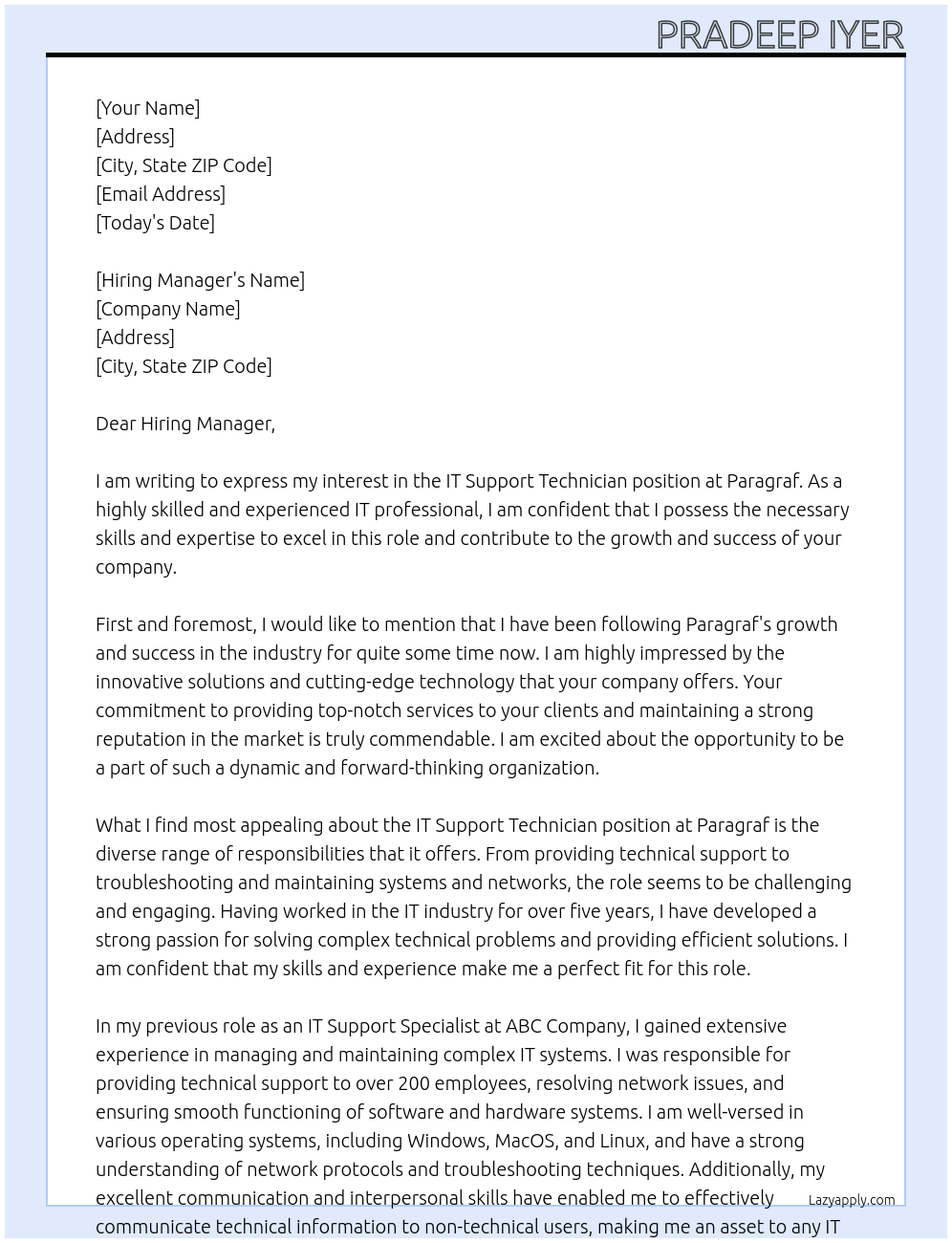 IT Support Technician At Paragraf Cover Letter